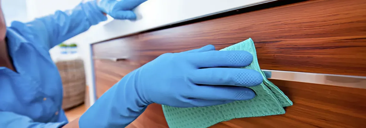 Cleaner wearing blue gloves wiping a wooden cabinet drawer with a microfiber cloth for dust and grime removal, Pittsburgh, PA.